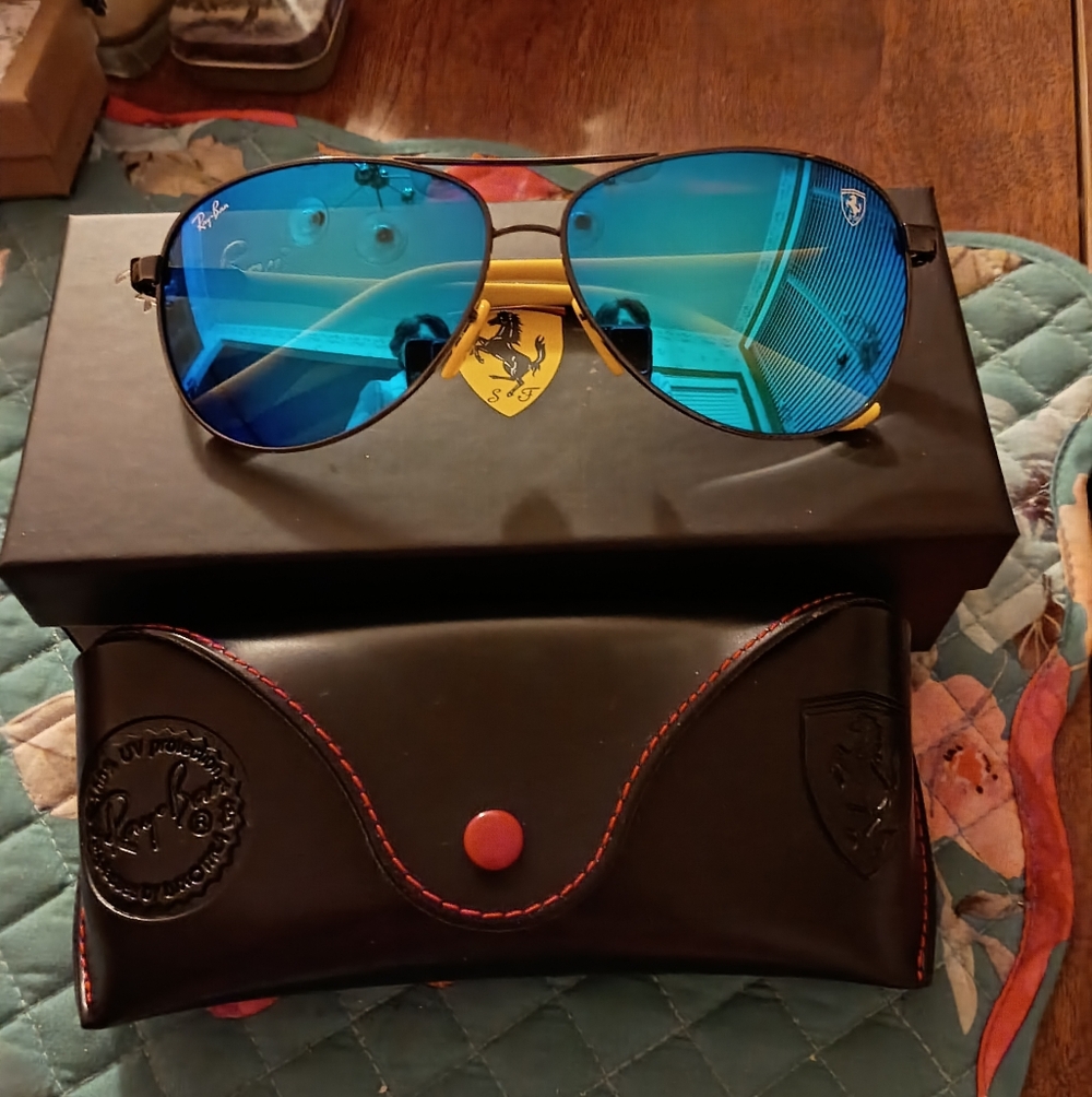 Ray-Ban Scuderia Ferrari Aviator Sunglasses with Blue Lenses and Yellow Temples